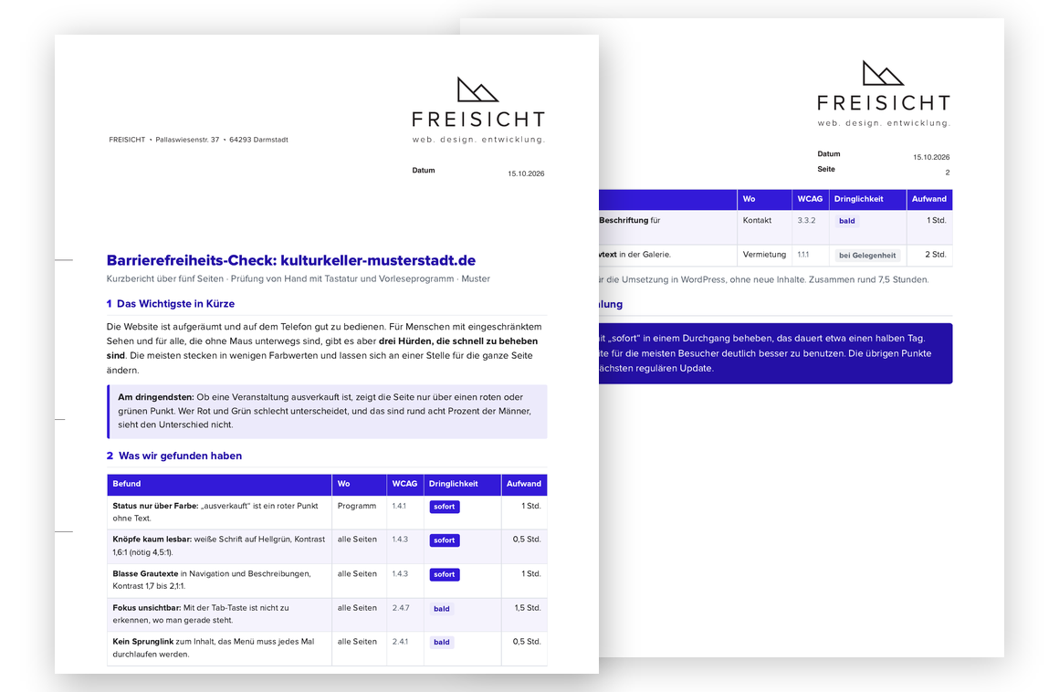 Zwei Seiten eines Muster-Prüfberichts auf Freisicht-Briefpapier für eine erfundene Website. Zu sehen sind eine kurze Zusammenfassung, ein Hinweis auf das dringendste Problem und eine Tabelle der Befunde mit WCAG-Kriterium, Dringlichkeit und geschätztem Aufwand.