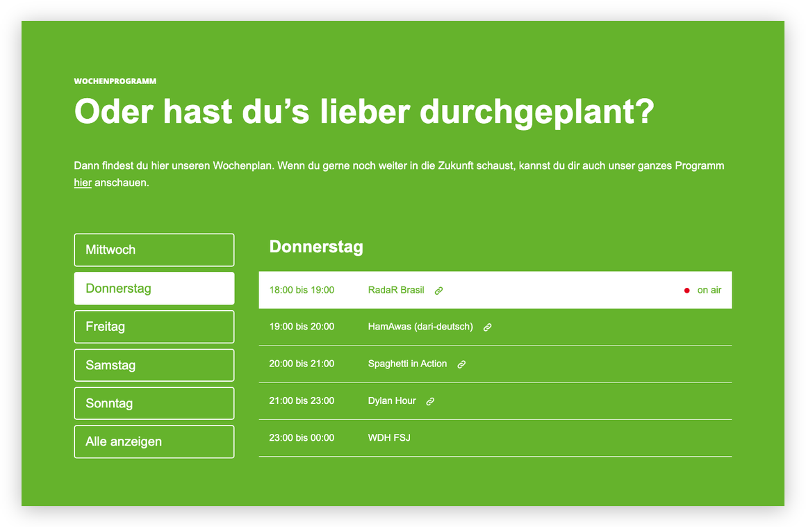 Radio Darmstadt, Wochenprogramm mit der laufenden Sendung